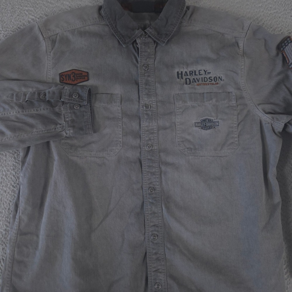 Harley-Davidson Shirt Men XL Gray Cotton Twill Embroidered Patch Workwear Riding